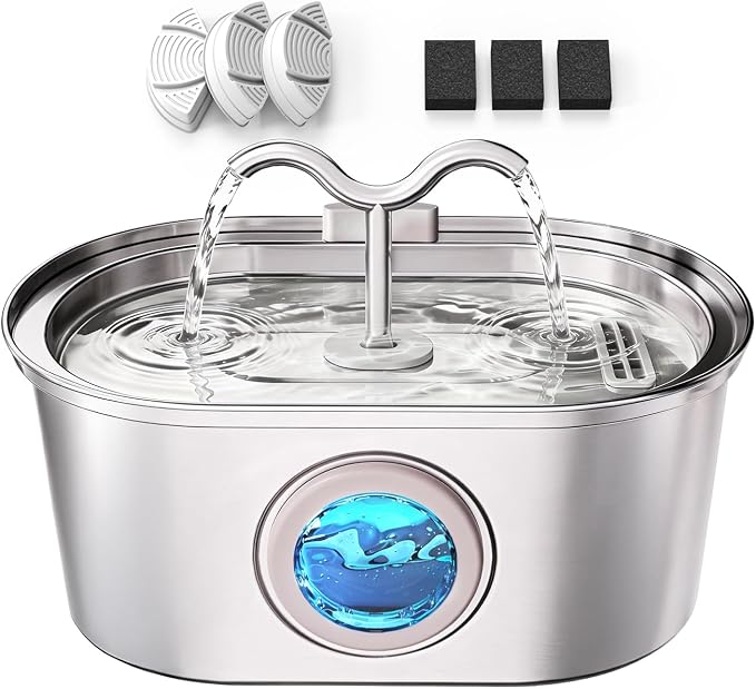 3.2L/108oz Stainless Steel Cat Water Fountain Pet Fountain | Automatic Pet Water Dispenser - Self-Designed Filtration System - Ultra-Quiet Pump - Easy Cleaning & Maintenance (3 Filters) by SohoTeco