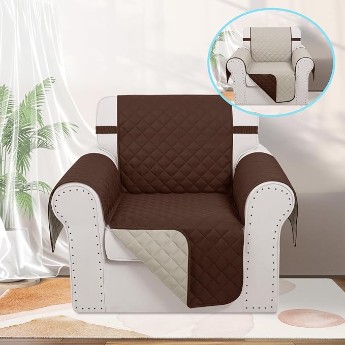 Reversible Recliner Chair Covers, 23" Chair, Brown/Beige | Chair Covers for Living Room with Elastic Straps, Water Repellent, Chair Protectors Covers for Dogs - Image 2