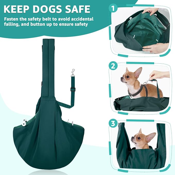 SlowTon Dog Carrier Sling - Thick Padded Shoulder Strap Adjustable, Green S | Dog Carriers for Small Dogs, Puppy Carrier Purse for Pet Cat with Front Zipper Pocket Safety Belt Machine Washable - Image 4