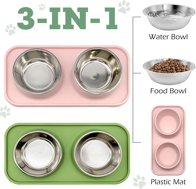 BNOSDM 2 Pcs Double Dog Food Bowls Stainless Steel Small Dog Food and Water Bowls with Non-Spill Plastic Mat Pet Cat Feeder Dish Set for Puppy Cats Kitten (Pink and Drak Green) - Image 3