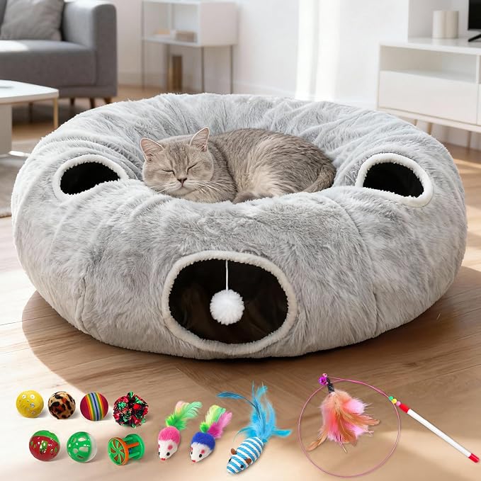 4-Holes Cat Tunnels for Indoor Cats, Plush Donut Cat Bed Tunnel Grey | Large Cat Bed Cave, 11 Cat Toys Gift, Very Soft and Lightweight, Cat Cave Hideout, fits Multiple Cats, Kitten, Puppy, Rabbit by Fayavoo