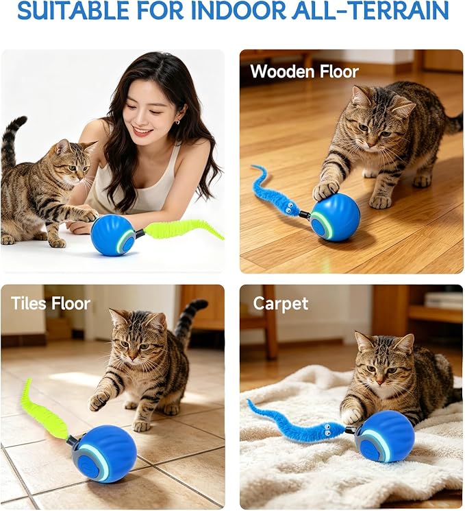 Interactive Cat Toy Ball - Automatic Moving Cat Ball for Indoor Cats with 3 Tails, Rechargeable Silent Kitten Toy for Boredom & Exercise, Rolling Ball Toy with 2 Modes & 2 Speeds. - Image 6