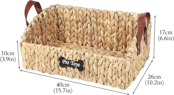 Trapezoid Pet Dog Toy Basket,Medium Dog Toy Bin,Wicker Storage Basket for Dog Cat Toys,Dog Storage Organizer for Leash Blanket Toys Snacks -Natural Farmhouse Water Hyacinth - Image 7