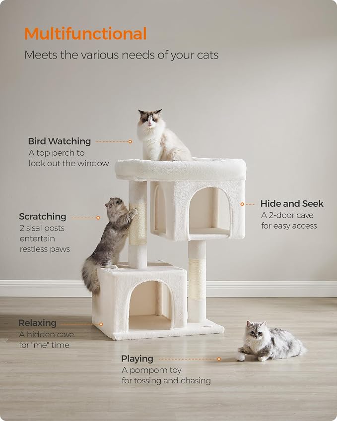 Feandrea Cat Tree, 40.6-Inch Cat Tower, Plush Condo for Extra Large Cats up to 44 lb, Large Perch, 2 Caves, Scratching Post, Cream White UPCT614T01 - Image 4