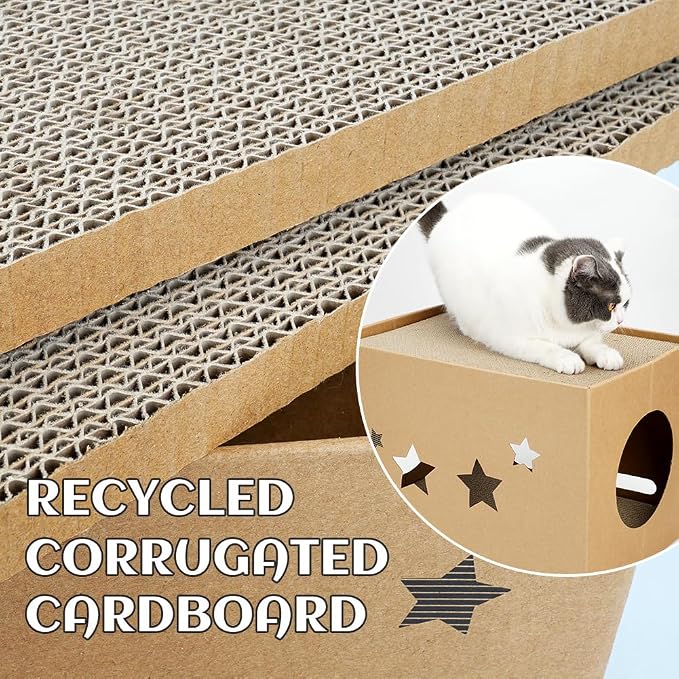 Cat Cardboard House with 2 PCS Scratching Pads，Large Cat Scratcher Bed Cat Scratchers Lounge for Indoor Cats with Corrugated Board Detachable Cat Scratcher Box for Cats(Star) - Image 3