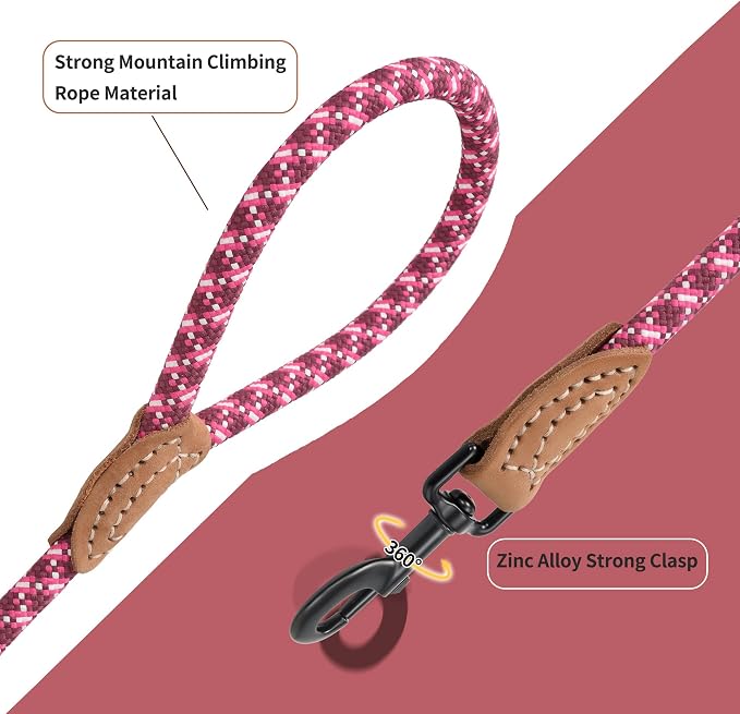 Mile High Life Dog Leash with Genuine Leather-Wrapped Ends, 4/5/6FT | Tangle-Free 360° Swivel Clasp Heavy Duty Rope Leash | Small Medium Large Dogs | Daily Walking (Pink White, 72 Inch, 1/2") - Image 3