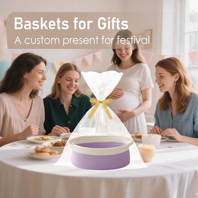 JMvicyroam Small Woven Basket, Empty Gift Basket, White&Purple/2 Pack | Small Gift Basket, Cotton Rope, 12 x 8 x 55 in, Handles, Includes Ribbon and Bag, Birthday Gift Basket - Image 4