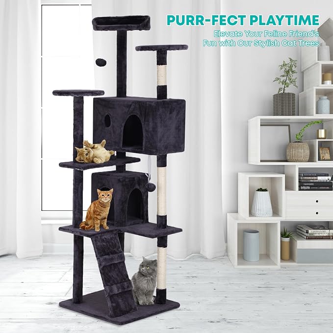 FDW | 70" Cat Tree Tower | Ashy | Multi-Level Indoor Activity Center with Sisal Scratching Posts, Condos, Plush Perches, Hanging Cat Toys | Sturdy, Easy to Assemble | for Kittens & Adult Cats - Image 2