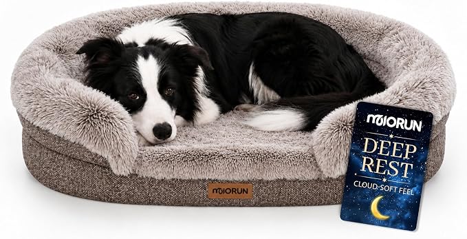 Miorun Fluffy Orthopedic Dog Beds Large Sized Dog, 40" Bolster Sofa Bed | Soft plush faux fur,lowered entry,washable cover,waterproof liner,claming dog couch for x-large dogs,supportive bolster by Miorun