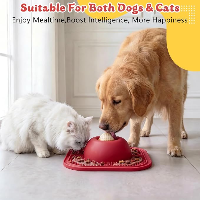 Slow Feeder Dog Bowls & Lick Mat for Liquid and Thick Treat, Anti-Slip Dog Lick Bowl with Interactive Rolling Ball, 5/6 Cup Pup Licking Toy for Large Medium Small Dogs and Cats Red - Image 4