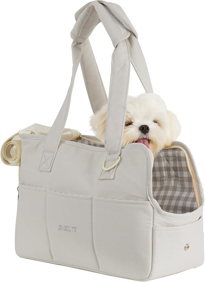 ONECUTE Dog Purse Carrier for Small Dogs Rabbit cat with Large Pockets, Cotton Bag, Dog Carrier Soft Sided, Collapsible Travel Puppy Carrier (Grey, 13.6" L x 6.5" W x 10" H) by ONECUTE