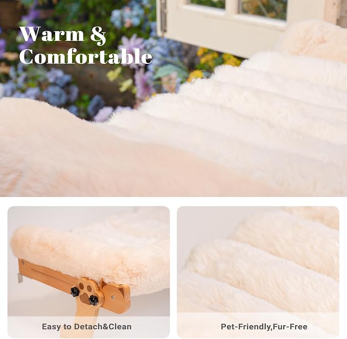 Cat Window Perch with Washable Bolster, Fluffy Cats Hammock Bed for Window, Adjust Wooden Seat for Kitten Bedside Windowsill, Wooden Cats Furniture(Thickened White) - Image 4