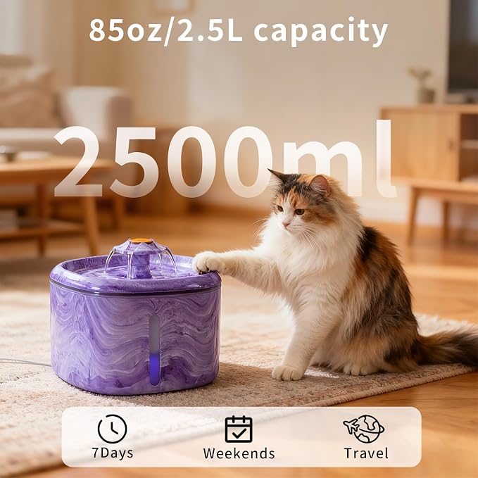 Cat Water Fountain Purple: Automatic Flower Pet Water Fountain for Cats Indoor-84oz/2.5L, Cute Cat Fountain for Drinking, LED Blue Light, Upgraded Ultra Quiet Pump, Gifts for Cats, Dogs (8Filters) - Image 4