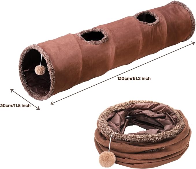 51"x 12" Collasiple Cat Play Tunnel, Cats Tubes and Tunnels, Cat Foldable Hide and Seek Tunnel Toy, Brown Suede Pet Tube Toy for Rabbits, Ferrets, Puppy, Diameter 12 Inch - Image 2