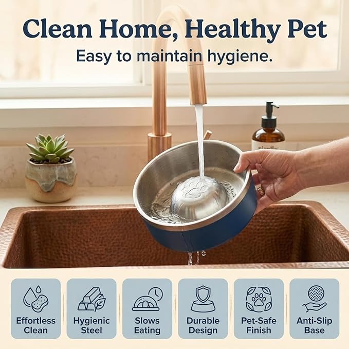 Stainless Steel Slow Feeder Dog Bowl, Heavy Duty Thickened Metal Dog Bowl, Non-Slip Base, Dishwasher Safe, Anti Gulping Feeding Bowl for Small to Medium Dogs & Cats, 56 oz, Dark Blue - Image 6