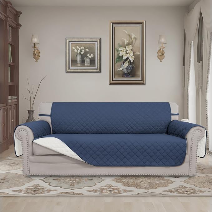 Easy-Going Reversible Couch Cover, 3 Cushion Sofa, Large, Dark Blue/Ivory | Machine Washable Slipcover For Dogs, Water Resistant Furniture Mat For Living Room, Non-Slip Sofa Cover, Pet Friendly - Image 2