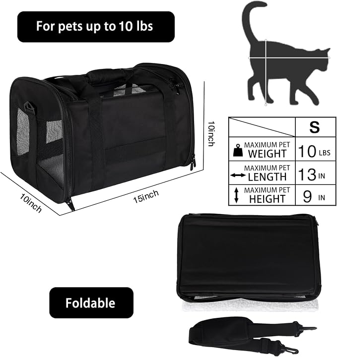 Cat Carrying Case - Pet Carrier Airline Approved, Protable and Breathable Pet Travel Carrier Removable Fleece Pad, Collapsible Cat Carrier Dog Carrier for Medium Cats Small Cats Dogs (Small, Black) - Image 2