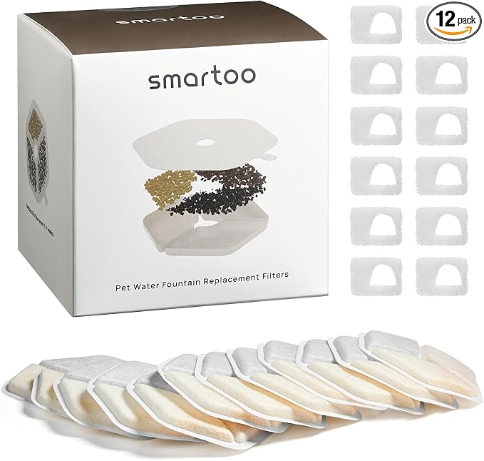 Smartoo 12 PCS Official Filters,12 Sponge for 152oz/4.5L Cat Water Fountain | Replacement Filters for Stainless Steel Pet Water Fountain PTM-643, Easy Replace by smartoo