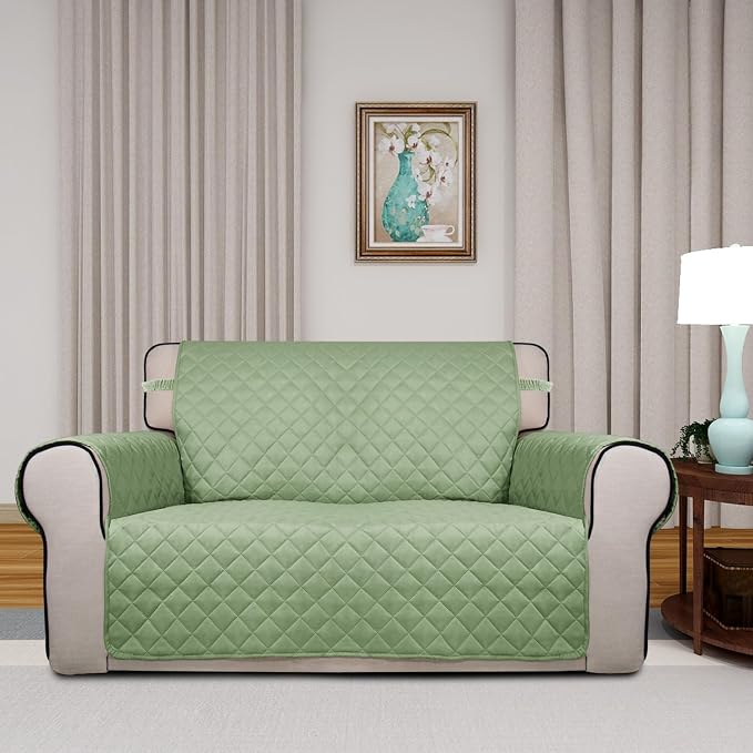 PureFit Reversible Quilted Couch Covers for Dogs Loveseat Sofa Cover 46.5” | Sage Green/Ivory, Water Resistant Couch Protector, Washable Pet Couch Cover with Non Slip and Elastic Straps For Kids - Image 2