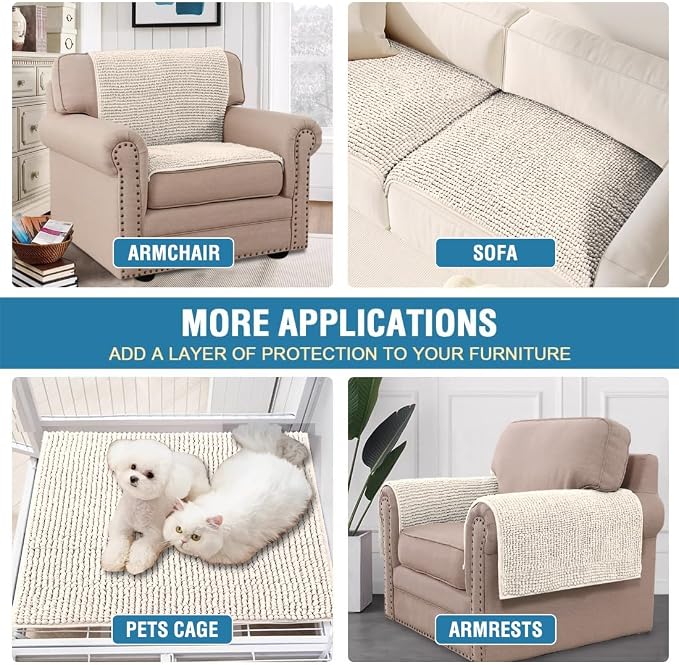 H.VERSAILTEX Plush Chenille Couch Armrest Cover 2 Packs Thick and Soft Sofa Covers Furniture Protector Cover for Pets (27.5" x 27.5", Ivory) - Image 5