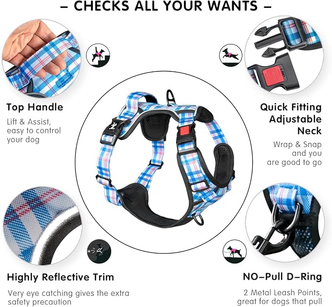 PoyPet Plaid Dog Harness Small, No Pull Vest with Front Clip & Neck Buckle | Padded Handle, Reflective, No Choke, Lockable, 2 Leash Rings, Full Adjustable, for Training Walking, S, Checkered Blue - Image 4