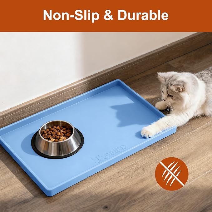 19" x 12" Extra Thick Silicone Mat Waterproof with Raised Edge, Blue | BPA-Free Non-Slip Dog & Cat Food Mat, Feeding Mat for Food and Water Bowls, Spill Proof Mat to Protect Floors - Image 5