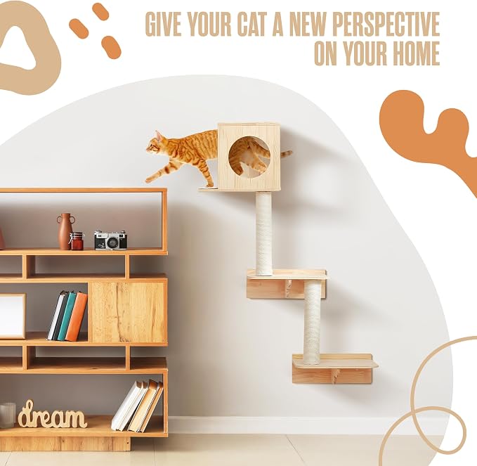 Wall Mounted Cat Tree, Cat Wall Climber, Kitty Climbing Shelves 51 x 35 in | Houseables Kitty Furniture Shelves, Floating House, Stairs, Mount, Climber, Condo, Playground, Obstacle Course, Indoor Gym - Image 5