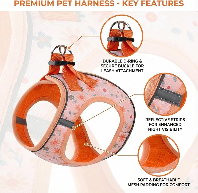 Mihqy Step in Dog Harness and Leash Set, Breathable Mesh, Orange Floral,S | Reflective, Adjustable No Pull Harnesses for Small Dogs Puppy and Cats, Lightweight Vest Harnesses, Fashion Floral Design - Image 2