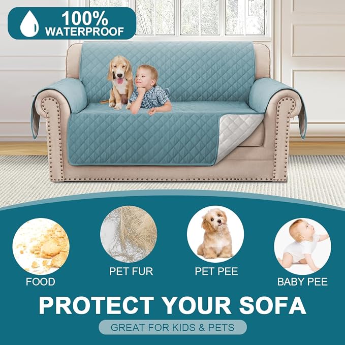Turquoize 100% Waterproof Couch Cover Sofa Covers for 2 Cushion Couch Loveseat Covers Triple Non-Slip Couch Cover for Dogs Washable Furniture Protector Cover for Pets, Kids (Loveseat 54",Stone Blue) - Image 2