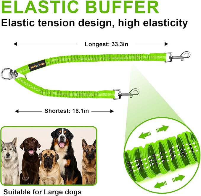 MingXpet 2 Dog Leash, Dog Leash for 2 Dogs, 360° Swivel No Tangle Double Walking Training Leashes for Large Dogs that Pull, Comfortable Shock Absorbing Reflective Bungee, Green - Image 2