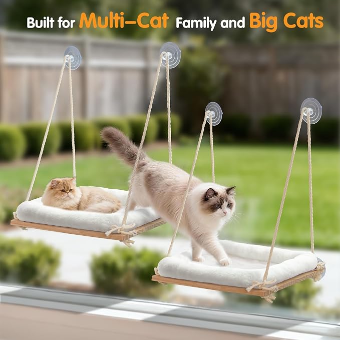Large Cat Window Perch Hammock, Solid Wood Seat & Plush Cushion | 4 heavy-duty suction cups, sturdy wooden perch for XL & large cats, comfortable indoor window cat bed & hammock - Image 9