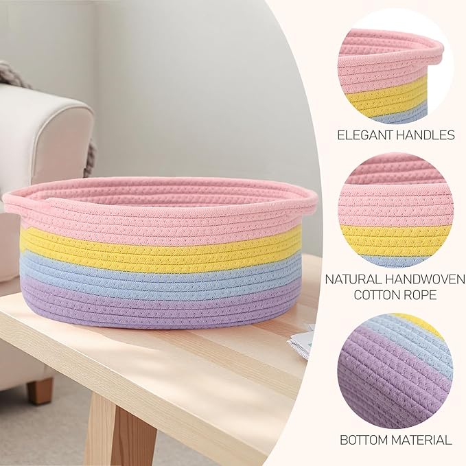 JMvicyroam Small Woven Basket, Empty Gift Basket, Rainbow/1 Pack | Small Gift Basket, Cotton Rope, 12 x 8 x 51 in, Handles, Includes Ribbon and Bag, Birthday Gift Basket - Image 3