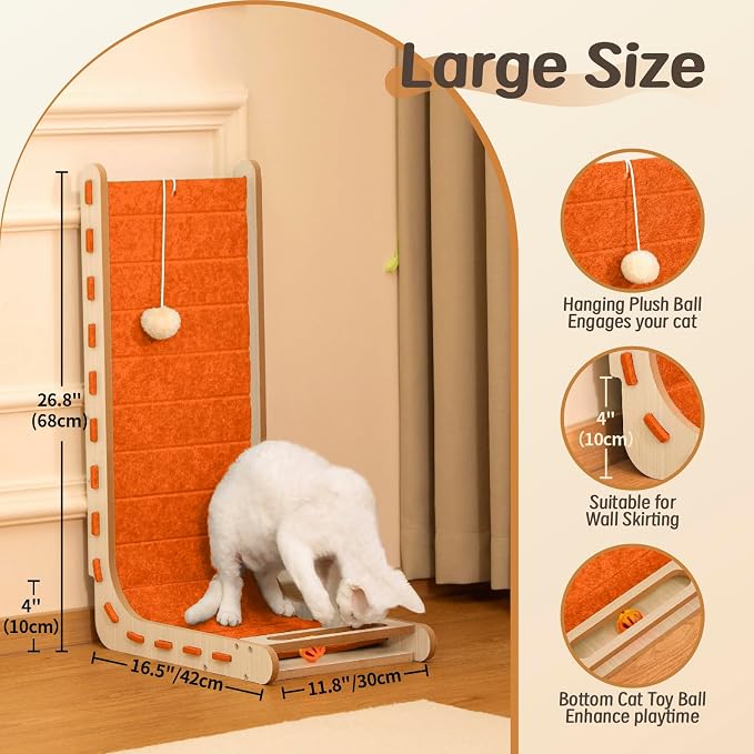 Felt Cat Scratcher for Indoor Cats,26.8 Inch,Orange | L Shaped Scratching Post, Scratch Board Scratchers for Large Cat Scratch Pad Furniture Protector with Bell Ball Kitten Toys - Image 3