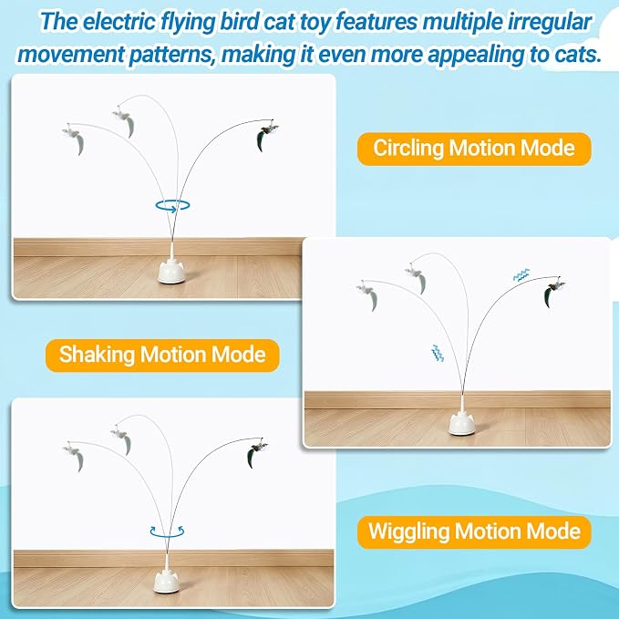 Interactive Cat Toys for Indoor Cats Toy Wand 360° Flying Bird Cat Toy | 2 Speed Adjustable Flying Bird Cat Toy Automatic Cats Toys with Self ON/OFF Feather Toy Suction Cup Electric Cat Teaser Wand - Image 4