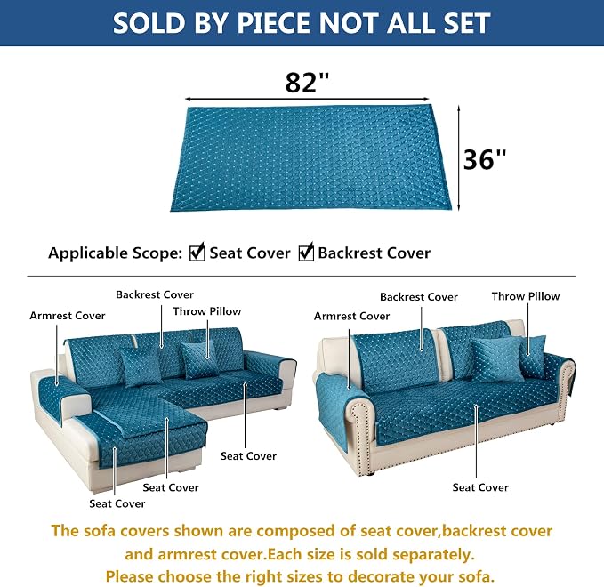 Eismodra Couch Cover,Sectional Couch Covers,Sofa Covers for 3 Cushion Couch,Anti-Slip Sofa Slipcovers for Dogs Cats Kids Loveseat Recliner L Shaped Armrest Backrest,Blue 36''x82''(Only 1 Piece) - Image 5