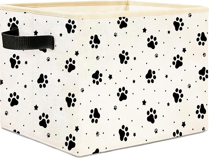Paw Print Storage Bin, Foldable Fabric Organizer | Black paw print storage bin with stars and dots for toys, books, clothes, pet items, shelves, closets, and rooms. by Unknown