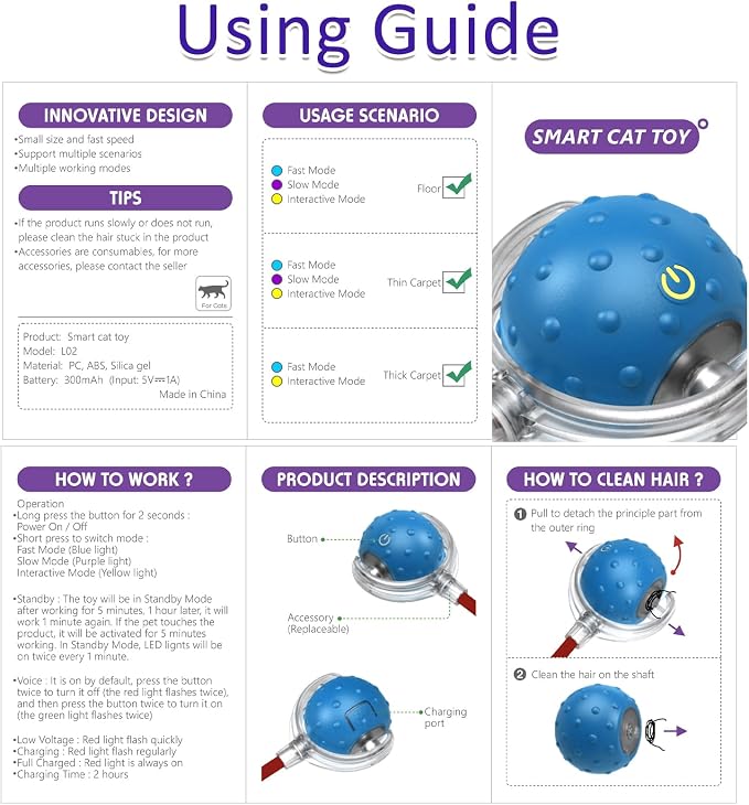 Giociv Interactive Cat Toys Ball for Indoor Cats Fast Rolling on Carpet, Chirping & Motion Activate Cat Toys (Blue) - Image 7