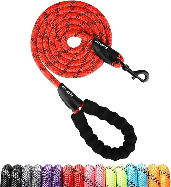Rttochfy Rope Dog Leash 2/4/5/6/8/10 FT with Comfortable Padded Handle and Highly Reflective Threads for Small Medium and Large Dogs Heavy Duty (1/2"-8 FT, Red) by Rttochfy