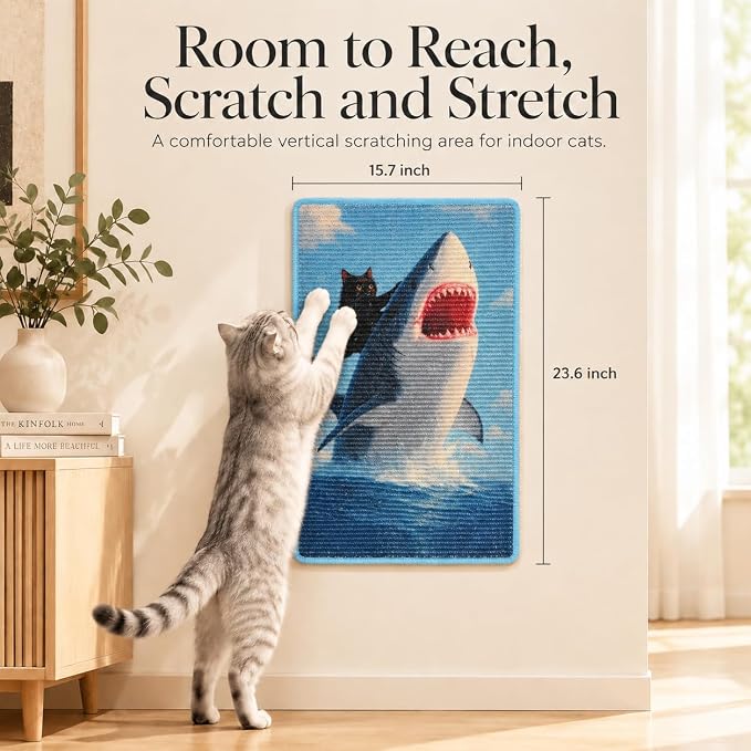 Art Sisal Cat Scratcher Mat, Cat Wall Scratchers for Indoor Cats | Wall Mounted Cat Scratcher, Natural Sisal, No-Drill Hook & Loop Setup, Floor or Wall Use, 23.6 x 15.7 Inch, Shark - Image 2