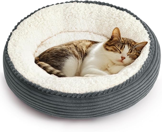 Love's cabin Round Donut Cat and Dog Cushion Bed, 20in Pet Bed for Cats or Small Dogs, Anti-Slip Water-Resistant Bottom, Super Soft Durable Fabric Pet beds, Washable Cat Dog Bed Stripe Bluish Grey by Lovescabin