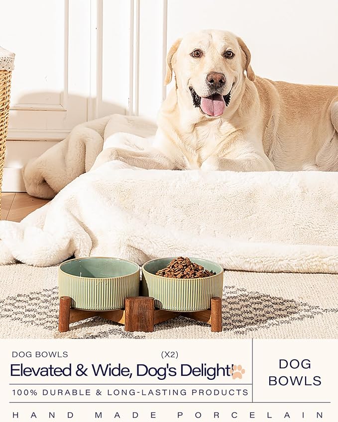 Getstar Ceramic Dog Bowls Set with Acacia Wood Stand, 3.5 Cups Pet Bowls Set of 2 for Medium Dogs, Cute Dog Food Bowl, Cat Bowls - Image 3