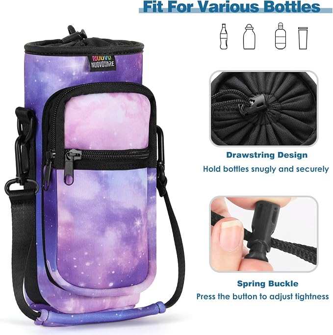 Nuovoware Water Bottle Carrier Bag, 25oz/32oz, StarrySky Purple | Adjustable Shoulder Hand Strap, 2 Pocket, Sling Neoprene Sleeve, Sports Water Bottle Accessories - Image 5