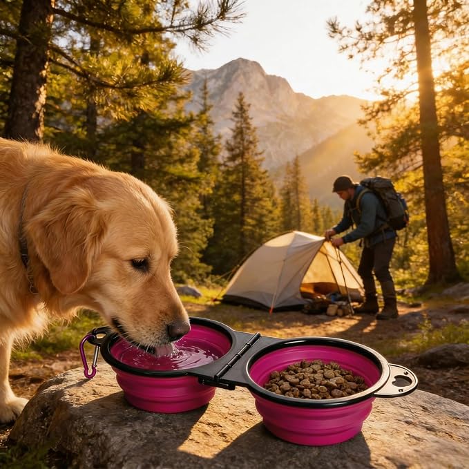 Double Collapsible Dog Bowls for Travel, Food and Water Set with Clip, Pink | 13.5 oz each, folds flat, carabiner clip, walking, hiking, camping, for small and medium pets - Image 7