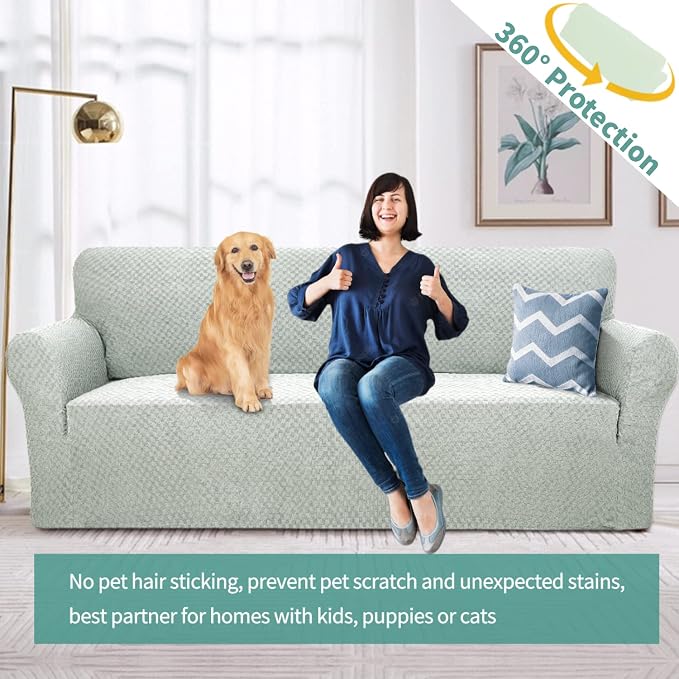 YEMYHOM Couch Cover Latest Jacquard Design High Stretch Sofa Covers for 3 Cushion Couch, Pet Dog Cat Proof Slipcover Non Slip Magic Elastic Furniture Protector (Large, Ivory) - Image 2