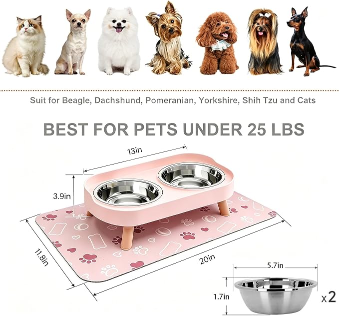 Elevated Dog Bowl, Raised Feeding Stand with Mat for Small Dogs Under 25 Lb | 2 Stainless Steel Pet Raised Bowls for Cats and Puppies, Splash Proof, Dishwasher Safe, with Stain-Resistant Quick-Dry Mat - Image 4