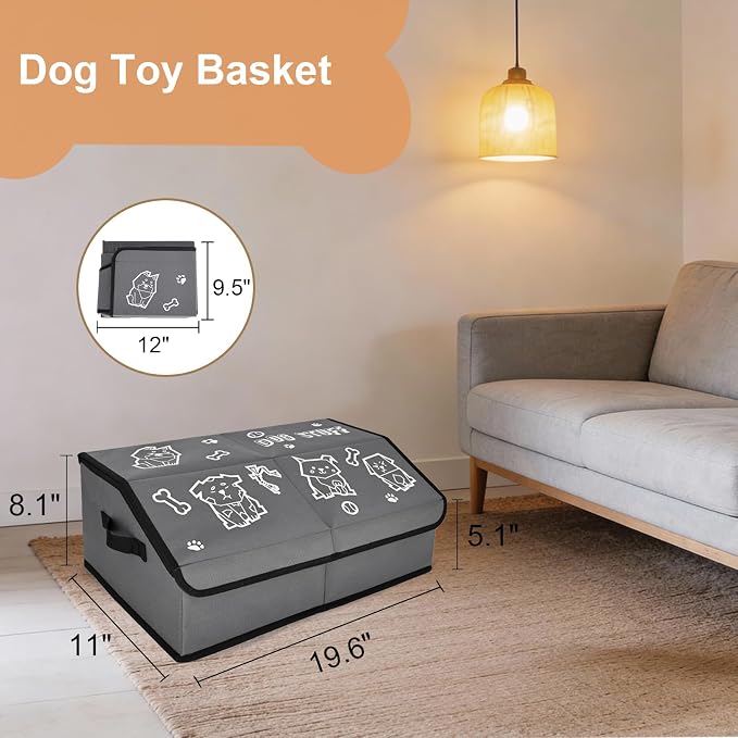 Dog Toy Box with Lid and Removable Divider, 19" Collapsible Toy basket and Handle，600D Fabric Cute Puppy Organizer for Pet Toys and Accessories - Grey - 1pcs - Image 7