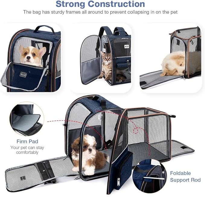 Large Cat Backpack Carrier Expandable Pet Carrier Backpack for Small Dogs Medium Cats Fit Up to 18 Lbs, Dog Backpack Carrier, Foldable Puppy Backpack Carrier for Travel, Hiking,Blue - Image 3