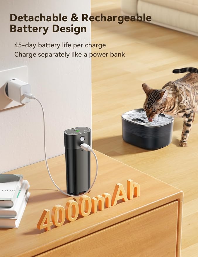 FEELNEEDY Wireless Cat Water Fountain, No Pump for Easy Cleaning, 4000mAh Detachable & Rechargeable Battery, Motion Sensor with Low Water & Power Alerts - Includes 6 Filters (4L/135oz) - Image 5