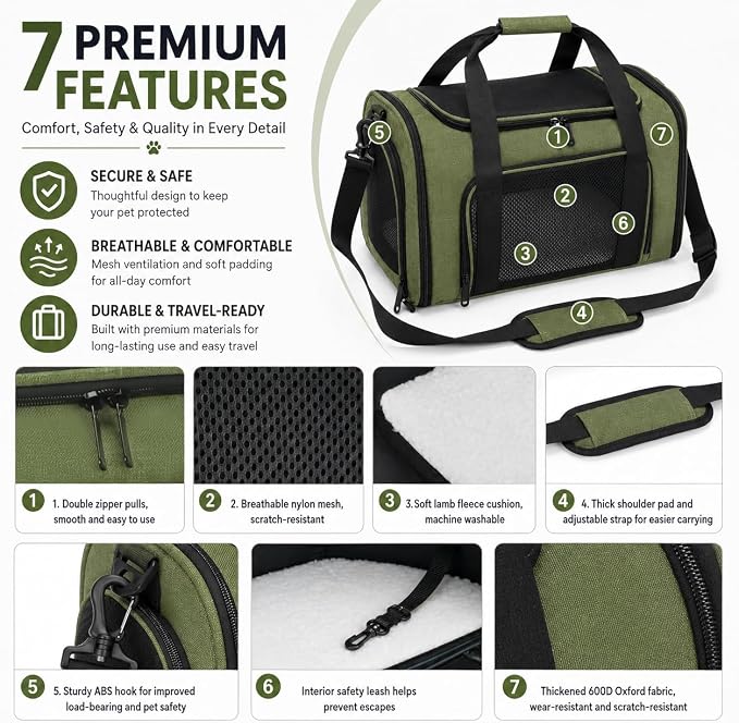 Pet Carrier for Cats and Dogs Up to 15 lb,Olive Green, Medium | 17 x 11 x 11 in, Airline-Compatible, Safety Leash, Luggage Sleeve, Foldable - Image 7