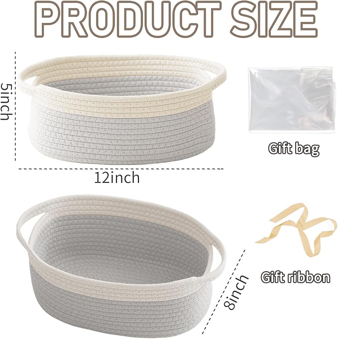 JMvicyroam Small Woven Basket, Empty Gift Basket, White&Grey/3 Pack | Small Gift Basket, Cotton Rope, 12 x 8 x 68 in, Handles, Includes Ribbon and Bag, Birthday Gift Basket - Image 2